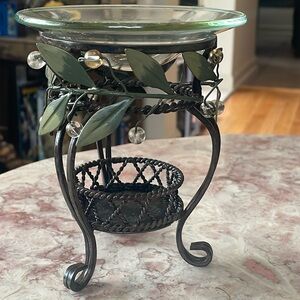EUC~PartyLite Metal Green Floral and Glass Decorative Tea Light Wax Melt Burner